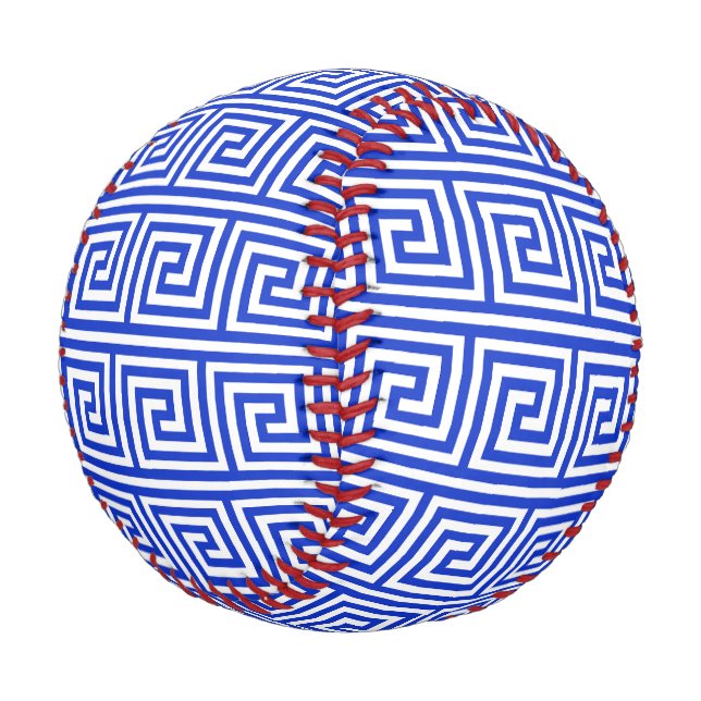 Griechisch Meander Key Squares Muster Blau Baseball (Schrägansicht)