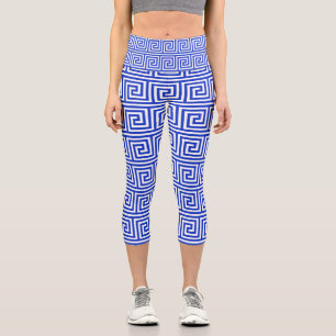Griechisch Meander Key Squares Muster Blau Capri Leggings