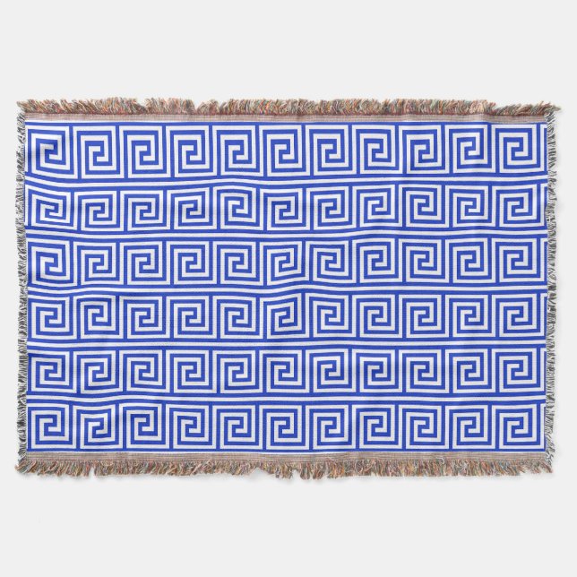 Griechisch Meander Key Squares Muster Blau Decke (Vorderseite)