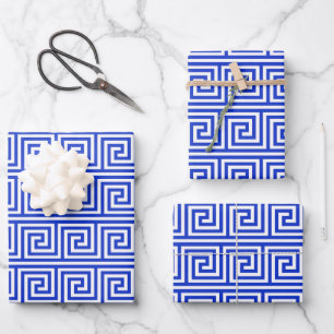 Griechisch Meander Key Squares Muster Blau Geschenkpapier Set