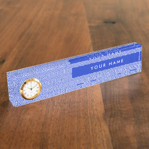 Griechisch Meander Key Squares Muster Blau Namensplakette