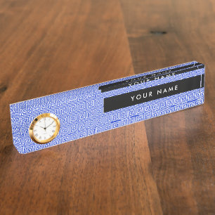 Griechisch Meander Key Squares Muster Blau Namensplakette