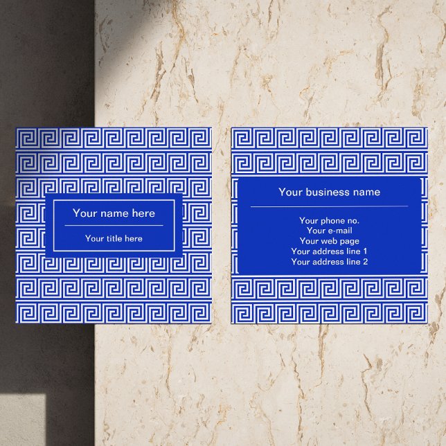 Griechisch Meander Key Squares Muster Blau Quadratische Visitenkarte (Von Creator hochgeladen)