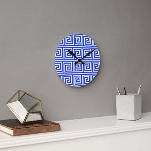 Griechisch Meander Key Squares Muster Blau Runde Wanduhr