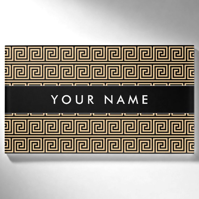 Griechisch Meander Key Squares Muster Brown Namenschild (Vorderseite)