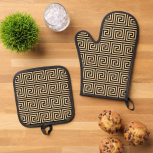 Griechisch Meander Key Squares Muster Brown Ofenhandschuh & Topflappen-Set