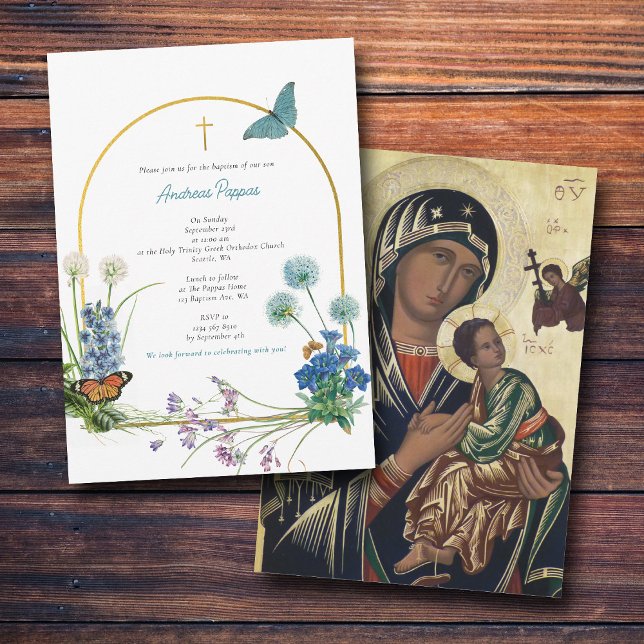 Griechisch-orthodoxe Christening Taufe Junge Wildb Einladung (Greek Orthodox Christening Baptism Boy Wildflower Invitation)