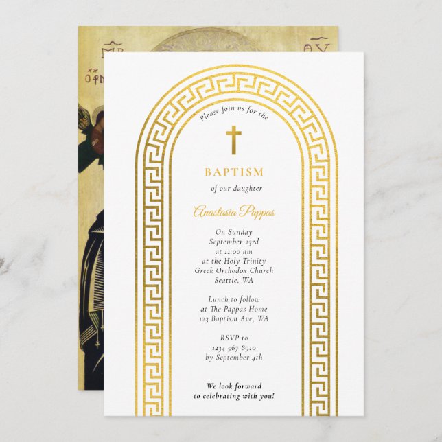 Griechisch-orthodoxe Taufe Gold griechischer Schlü Einladung (Vorne/Hinten)