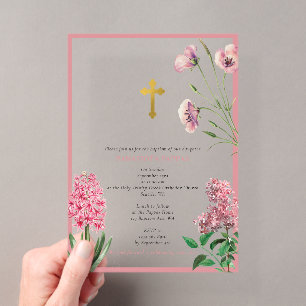Griechisch-orthodoxe Taufe Pink Floral Acryleinladungen