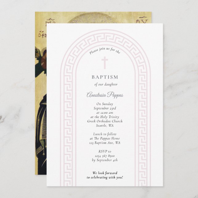 Griechisch-orthodoxe Taufe Rosa Griechischer Schlü Einladung (Vorne/Hinten)