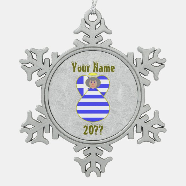 Griechische Angelfahne Grauhaar Schneeflocken Zinn-Ornament (Vorderseite)