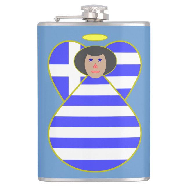 Griechische Flagge Angel Black Hair Flachmann (Vorderseite)