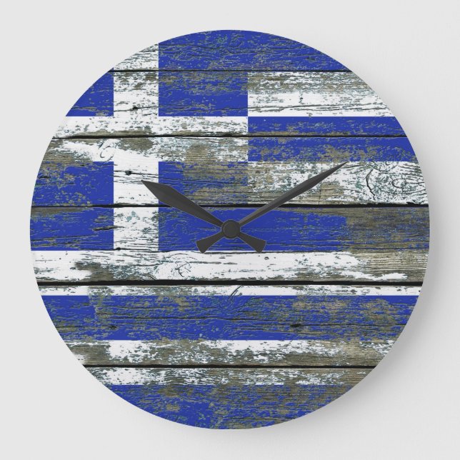 Griechische Flagge auf rauem Holz verschalt Effekt Große Wanduhr (Vorderseite)
