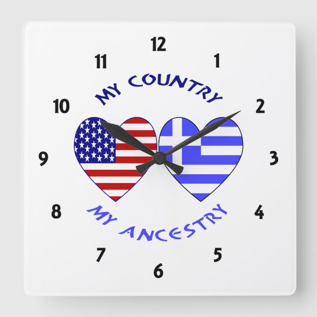 Griechische Herkunft USA Flags Hearts Quadratische Wanduhr (Vorderseite)