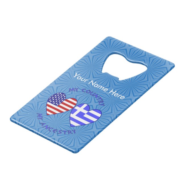 Griechische Herkunft USA Kreditkartenflaschenöffner (Vorderseite Schrägansicht)
