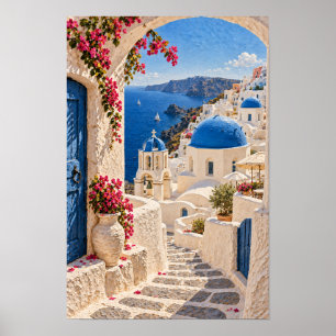 Griechische Insel Blaue Kuppel Küstenwandkunst Poster