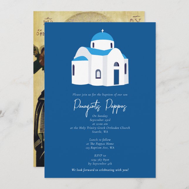 Griechische Insel Blauer Dom Kirche Taufe Christen Einladung (Vorne/Hinten)