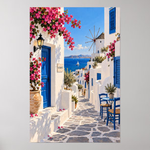 Griechische Insel weiß getünchte Gasse und Windmüh Poster