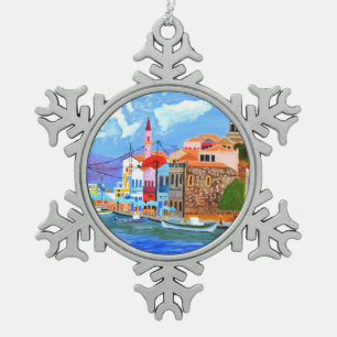 griechische Küste Schneeflocken Zinn-Ornament