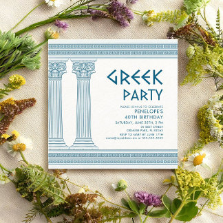 Griechische Party-Einladung mit blauen Säulen und