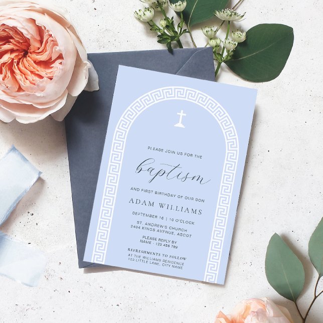 Griechische Schlüsseltaufe Einladung (Baptism Invitation Greek Key Blue White )