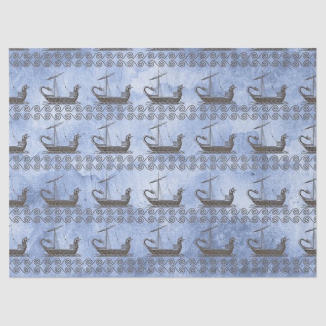 Griechische Segelschiffe und Scroll auf Blue Decou Seidenpapier (Vorderseite)