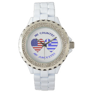 Griechische und US-amerikanische Flaggen Herzen Lä Armbanduhr