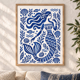 Griechischer blauer Meerjungfrau-Küstenkunst-Druck Poster