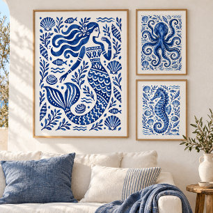 Griechischer blauer Meerjungfrau-Küstenkunst-Druck Poster