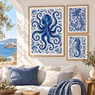 Griechischer blauer Oktopus - Küstenkunst-Druck Poster