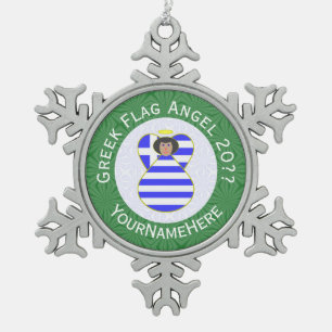 Griechischer Engel mit schwarzen Haaren Weihnachts Schneeflocken Zinn-Ornament
