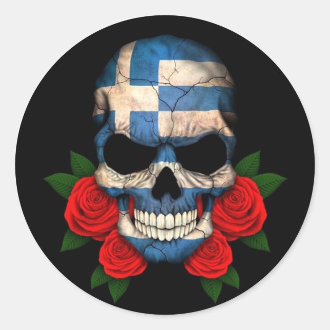 Griechischer Flaggenschädel mit Rote Rosen Runder Aufkleber (Vorderseite)