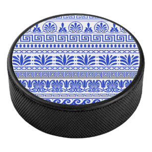Griechischer Fret, Mittelmeer-Muster, Blau Eishockey Puck
