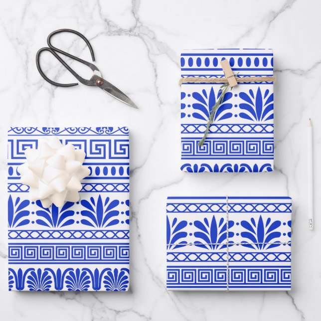 Griechischer Fret, Mittelmeer-Muster, Blau Geschenkpapier Set (Vorderseite)