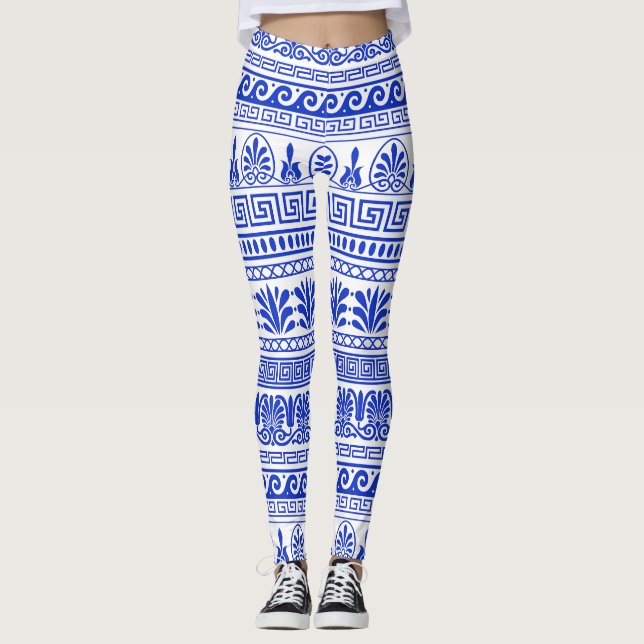 Griechischer Fret, Mittelmeer-Muster, Blau Leggings (Vorderseite)