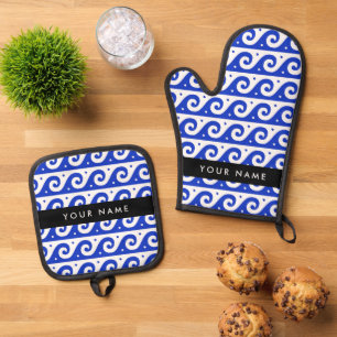 Griechischer Masander-Schlüssel, Wave Key, Blau, I Ofenhandschuh & Topflappen-Set