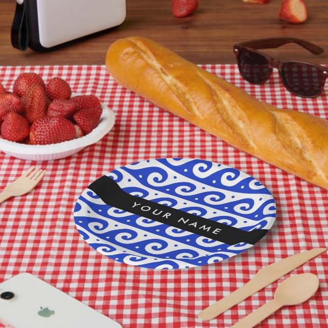 Griechischer Masander-Schlüssel, Wave Key, Blau, I Pappteller (Picknick)