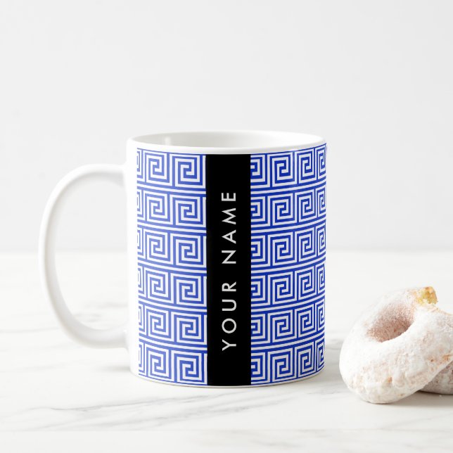 Griechischer Meander Key Blue, Ihr Name, personali Kaffeetasse (Mit Donut)