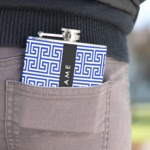 Griechischer Meander Key H Blue, Ihr Name, persona Flachmann