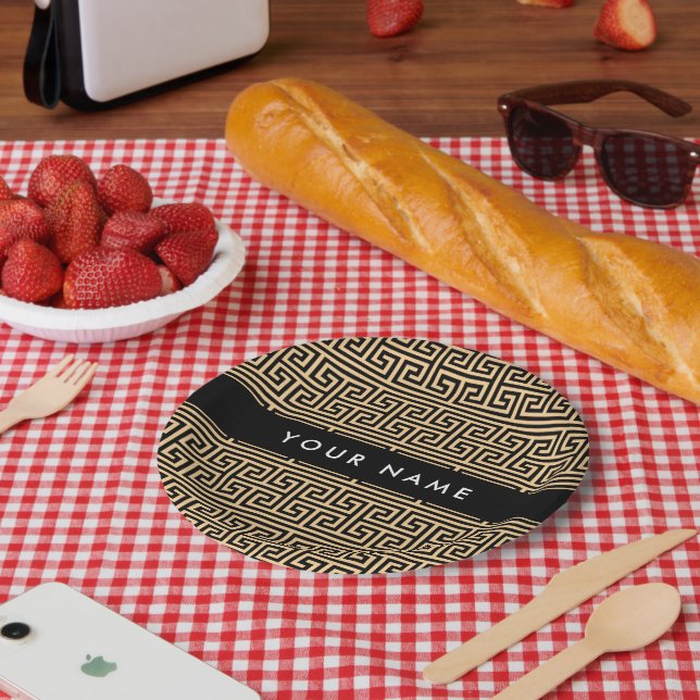 Griechischer Meander Key H Brown, Ihr Name, person Pappteller (Picknick)