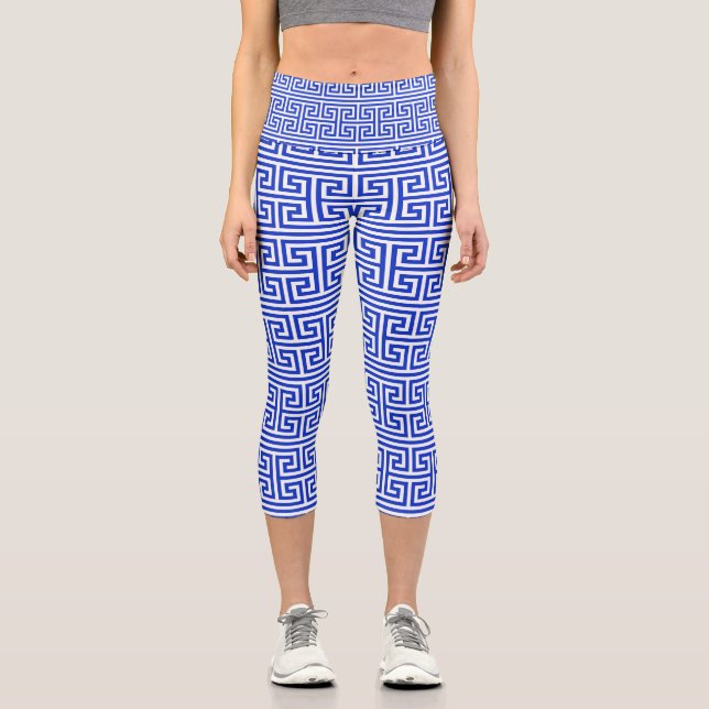 Griechischer Meander Key Square H Pattern Blau Capri Leggings (Vorderseite)