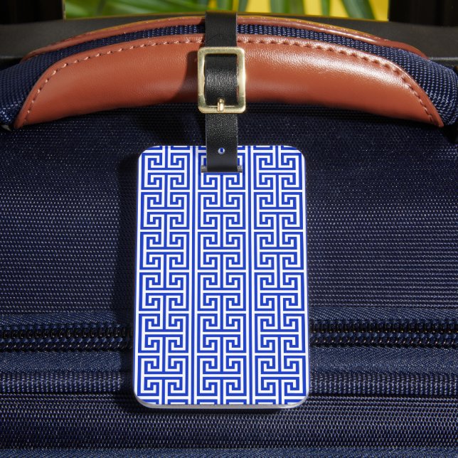 Griechischer Meander Key Square H Pattern Blau Gepäckanhänger (Vorderseite Insitu 2)