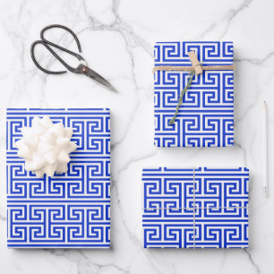 Griechischer Meander Key Square H Pattern Blau Geschenkpapier Set