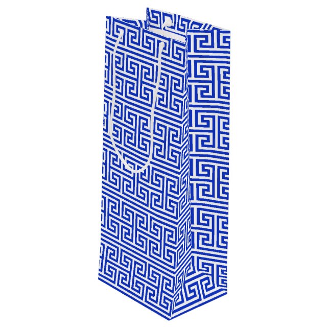 Griechischer Meander Key Square H Pattern Blau Geschenktüte Für Weinflaschen (Rückseite Schrägansicht)