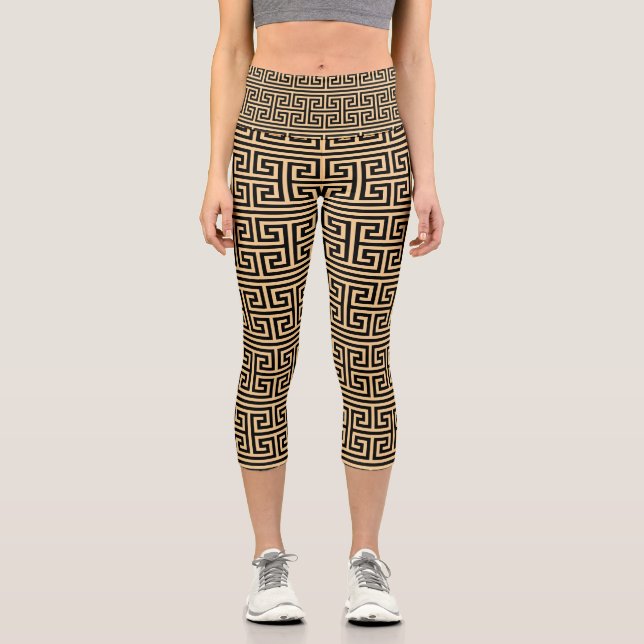 Griechischer Meander Key Square H Pattern Brown Capri Leggings (Vorderseite)