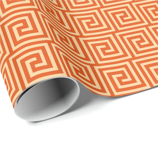 Griechischer Schlüssel, Mandarinorange Geschenkpapier (Rolleneckpunkt)