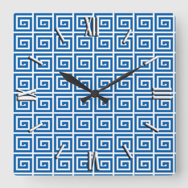 Griechischer Schlüsselentwurf - Blau und Weiß Quadratische Wanduhr (Vorderseite)