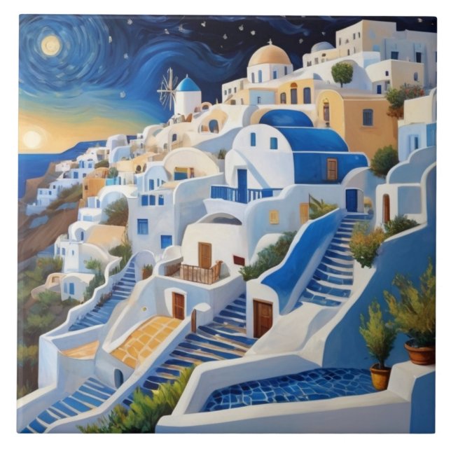 Griechisches Dorf an der Hillside mit Windmühle -  Fliese (Vorderseite)