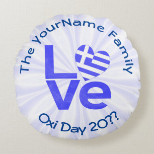 Griechisches Flaggenherz in blauer LIEBE Rundes Kissen