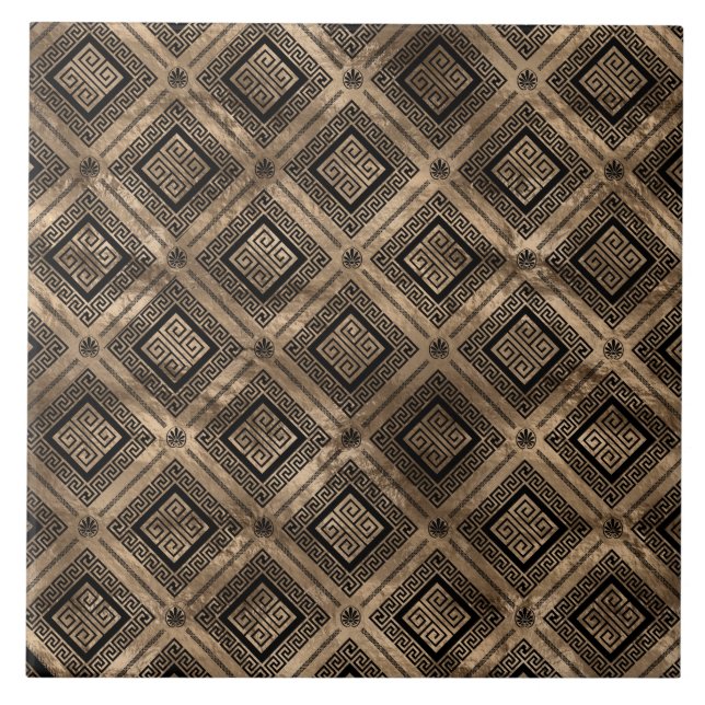 Griechisches Hauptmuster Schwarz und Gold Fliese (Vorderseite)